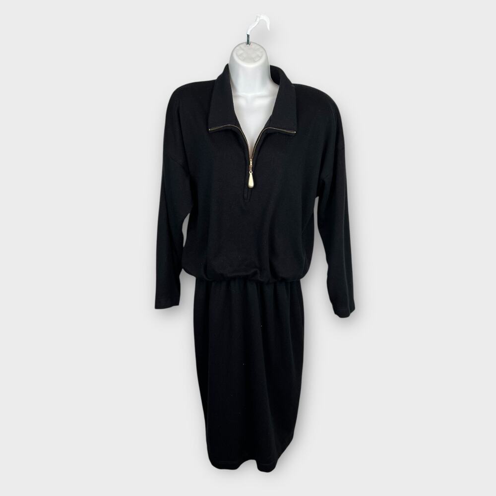 Vintage Virgo II Dress‎ Size 8 Black Terry Knit Elastic Waist Gold Teardrop Zip